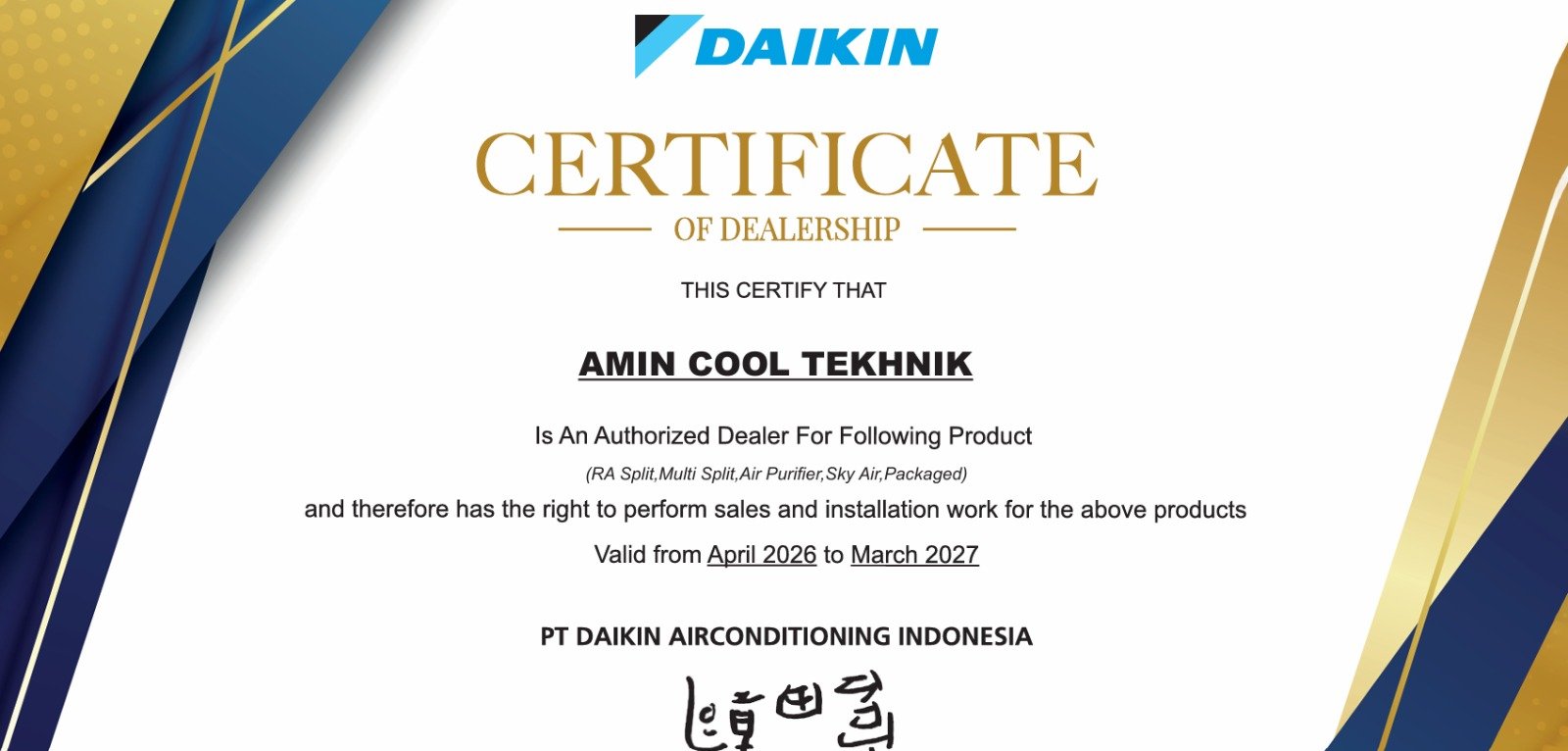 Sertifikat Daikin Amin Cool Teknik
